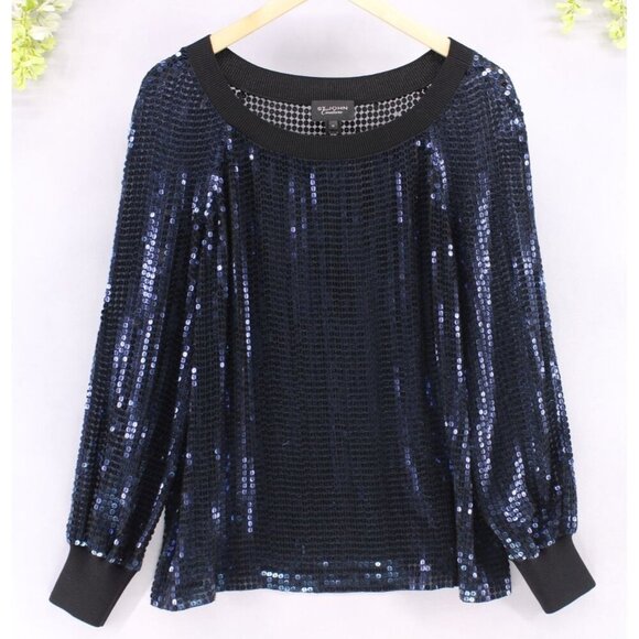 St John Couture Women's Shell Top Blue Silk Embellishment Long Sleeve Sz M - Picture 1 of 13